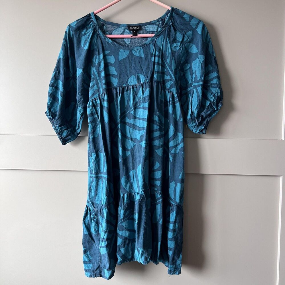 Tanoa Dress Girl Sz 8 Blue Teal Floral Leaf Print Puff Sleeve Tiered Hawaiian‎